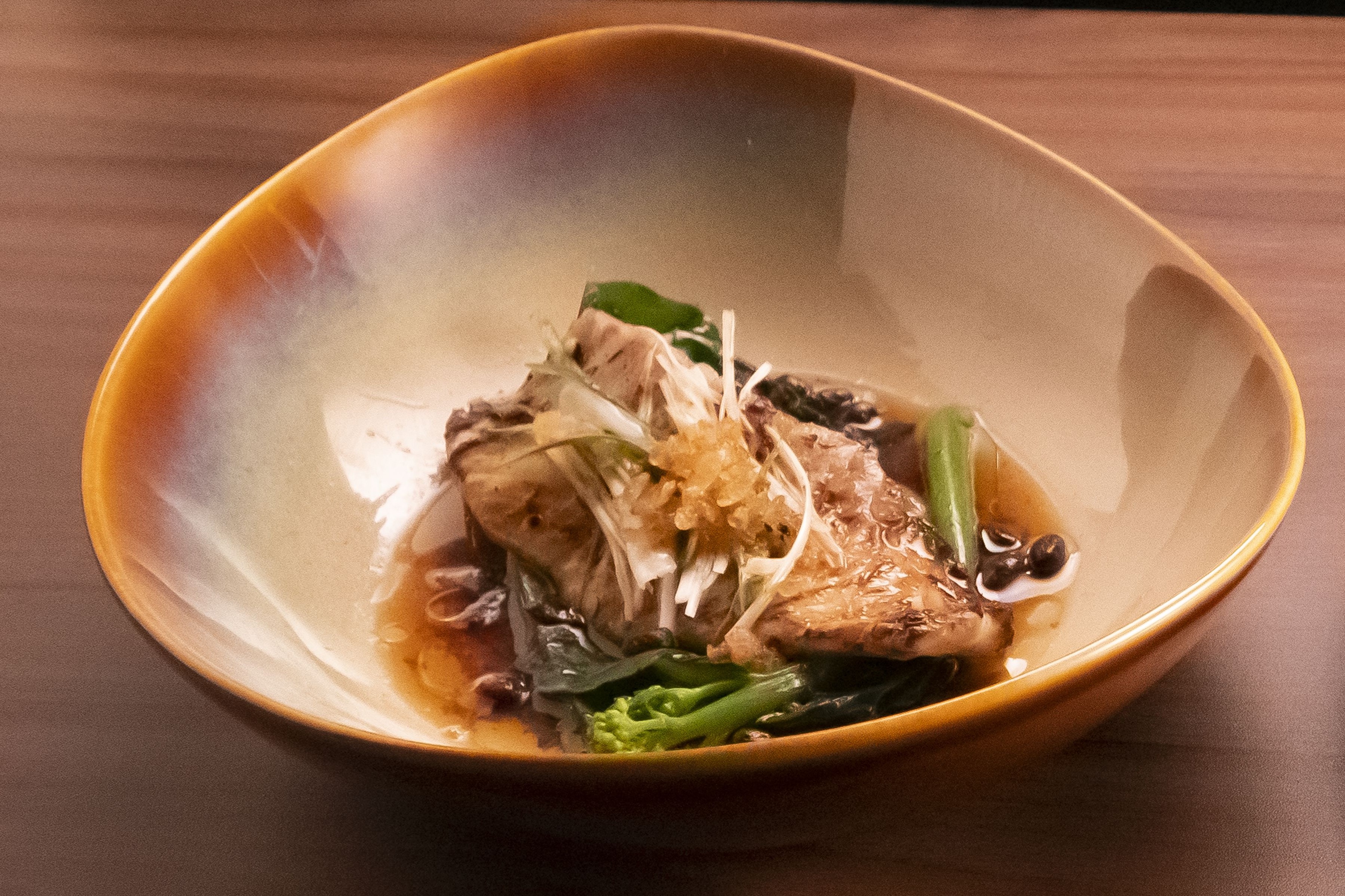 Teochew Black Bean Steamed Jade Perch with Chinese Greens and Sake Broth